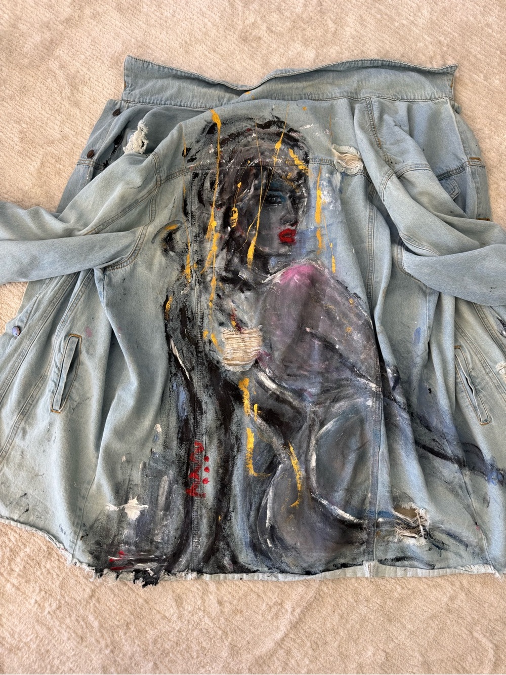One of a Kind SoHo NYC Hand Painted Denim Art Jacket Duster L